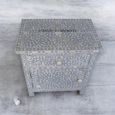 Bone Inlay Floral Design 1 Drawer & 1 Door Bedside Table Grey | Bone Inlay Floral Design 1 Drawer & 1 Door Nightstand Table Grey